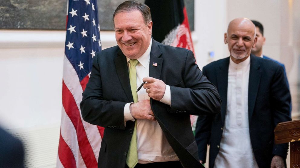 PHOTO: Afghan President Ashraf Ghani and U.S. Secretary of State Mike Pompeo depart a news conference at the Presidential Palace in Kabul, Afghanistan, July 9, 2018.