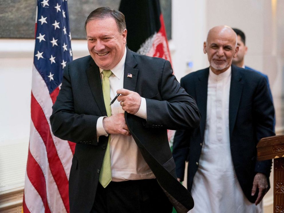 PHOTO: Afghan President Ashraf Ghani and U.S. Secretary of State Mike Pompeo depart a news conference at the Presidential Palace in Kabul, Afghanistan, July 9, 2018.