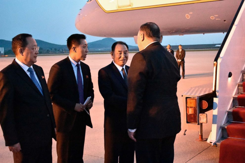 PHOTO: Secretary of State Mike Pompeo, bids farewell to senior North Korean official Kim Yong Chul, director of the United Front Department and Foreign Minister Ri Su Yong, left, on his departure from Pyongyang, North Korea, May 9, 2018.