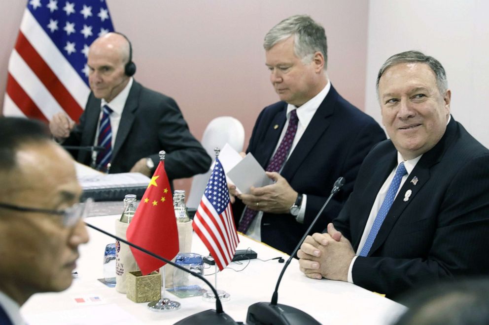 PHOTO:Secretary of State Mike Pompeo (R), Special Representative for North Korea Stephen Biegun meet with China's Foreign Minister Wang Yi at the 52nd Association of Southeast Asian Nations (ASEAN) Foreign Ministers' Meeting in Bangkok, Aug. 1, 2019.