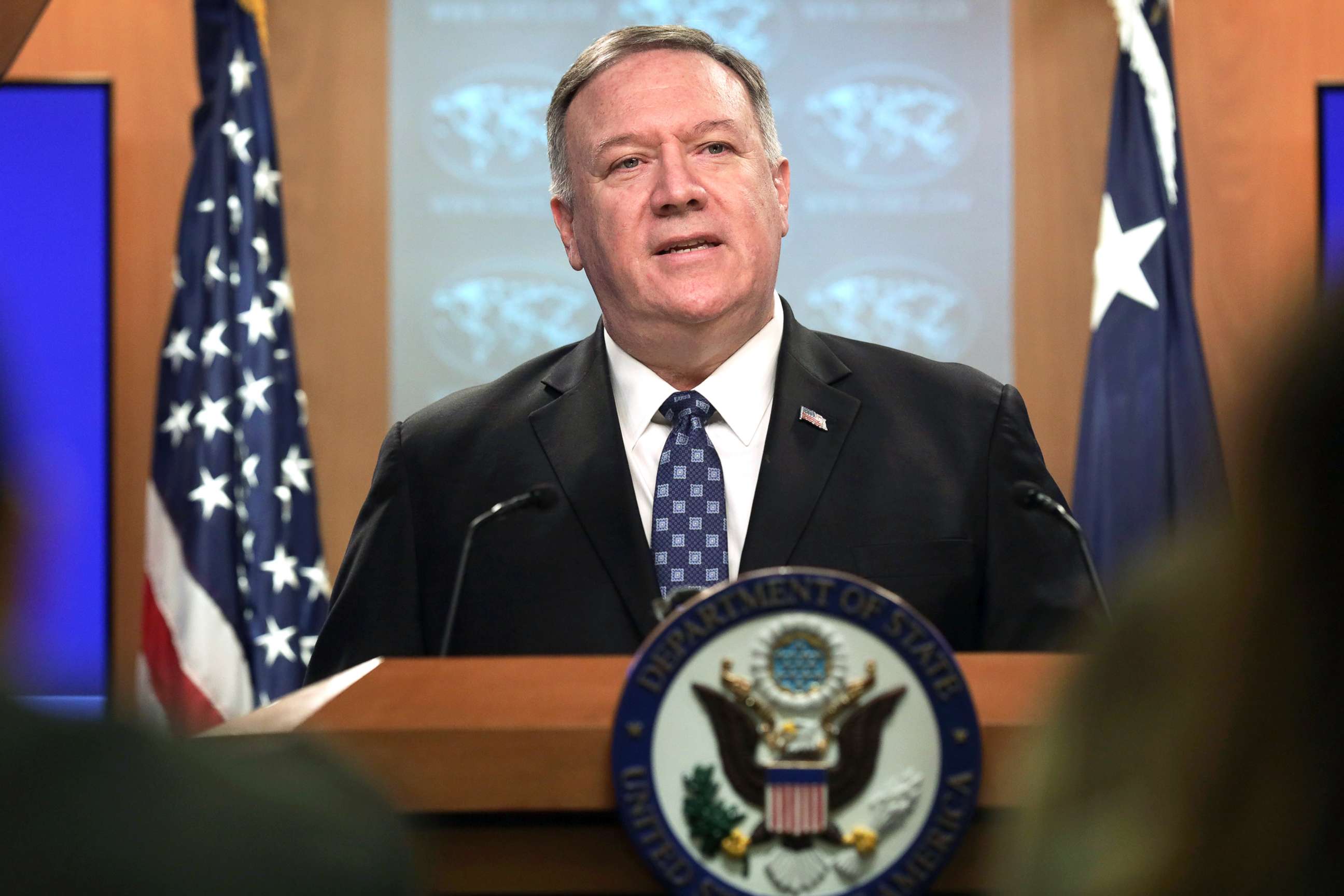 PHOTO: Secretary of State Mike Pompeo speaks during a news briefing at the State Department, Feb. 25, 2020, in Washington, D.C. 