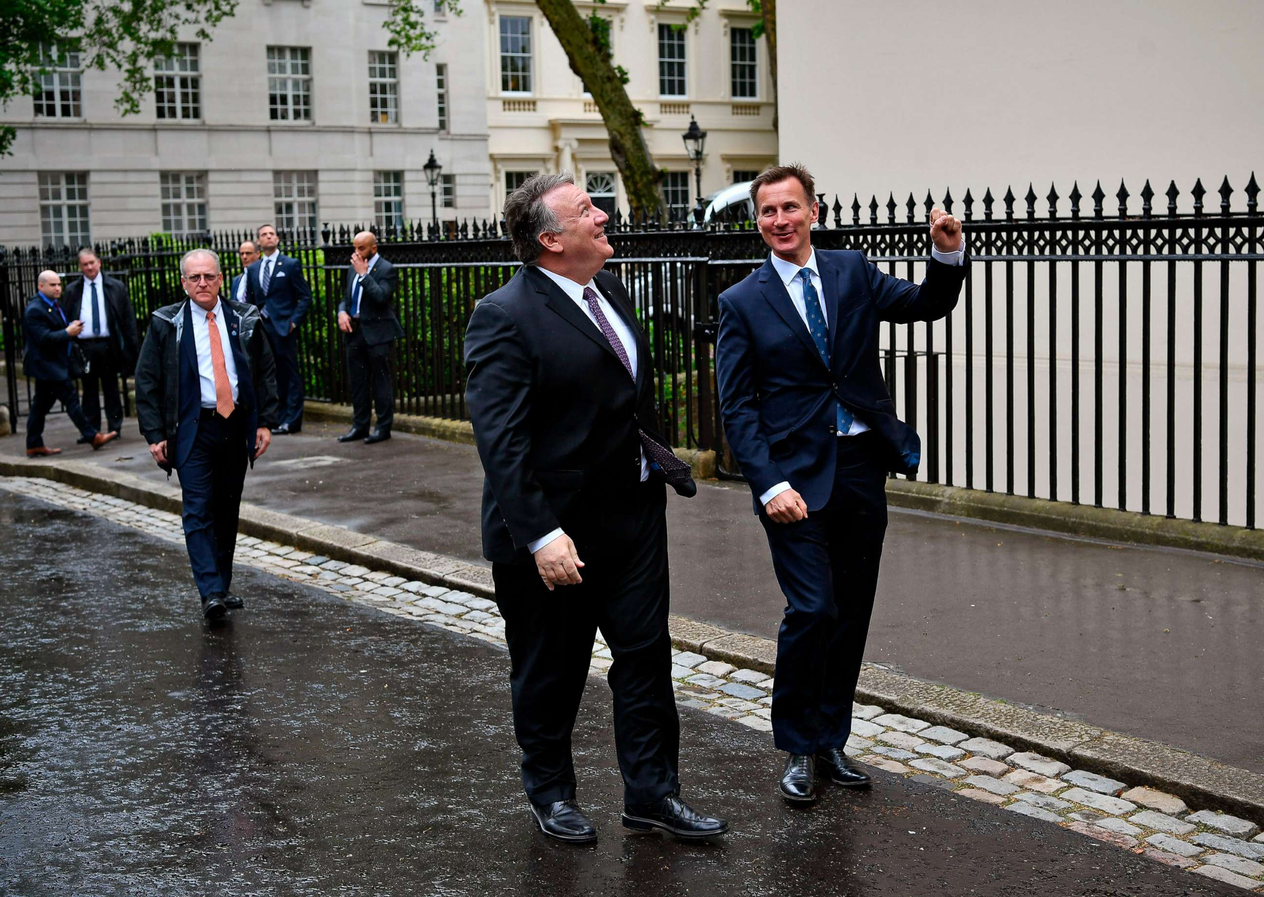 PHOTO: Secretary of State Mike Pompeo is greeted by Britain's Foreign Secretary Jeremy Hunt, right, in central London, May 8, 2019.