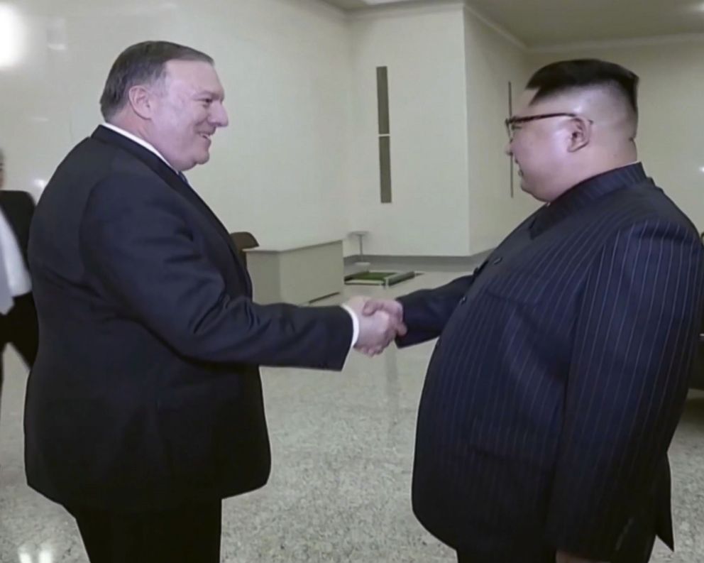 PHOTO: A scene shown on North Korean state TV of U.S. Secretary of State Mike Pompeo shaking hands with North Korean President Kim Jong Un, May 9, 2018.