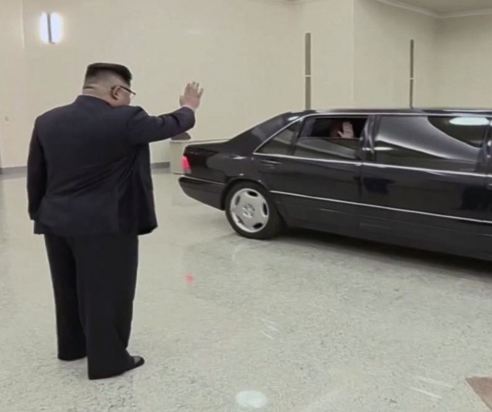 PHOTO: A scene shown on North Korean state TV of North Korean President Kim Jong Un waving goodbye to U.S. Secretary of State Mike Pompeo, May 9, 2018.