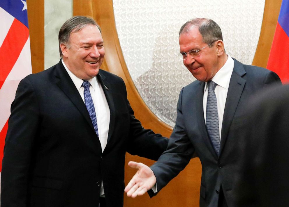 PHOTO: Russian Foreign Minister Sergey Lavrov welcomes U.S. Secretary of State Mike Pompeo for the talks in the Black Sea resort city of Sochi, Russia, May 14, 2019.
