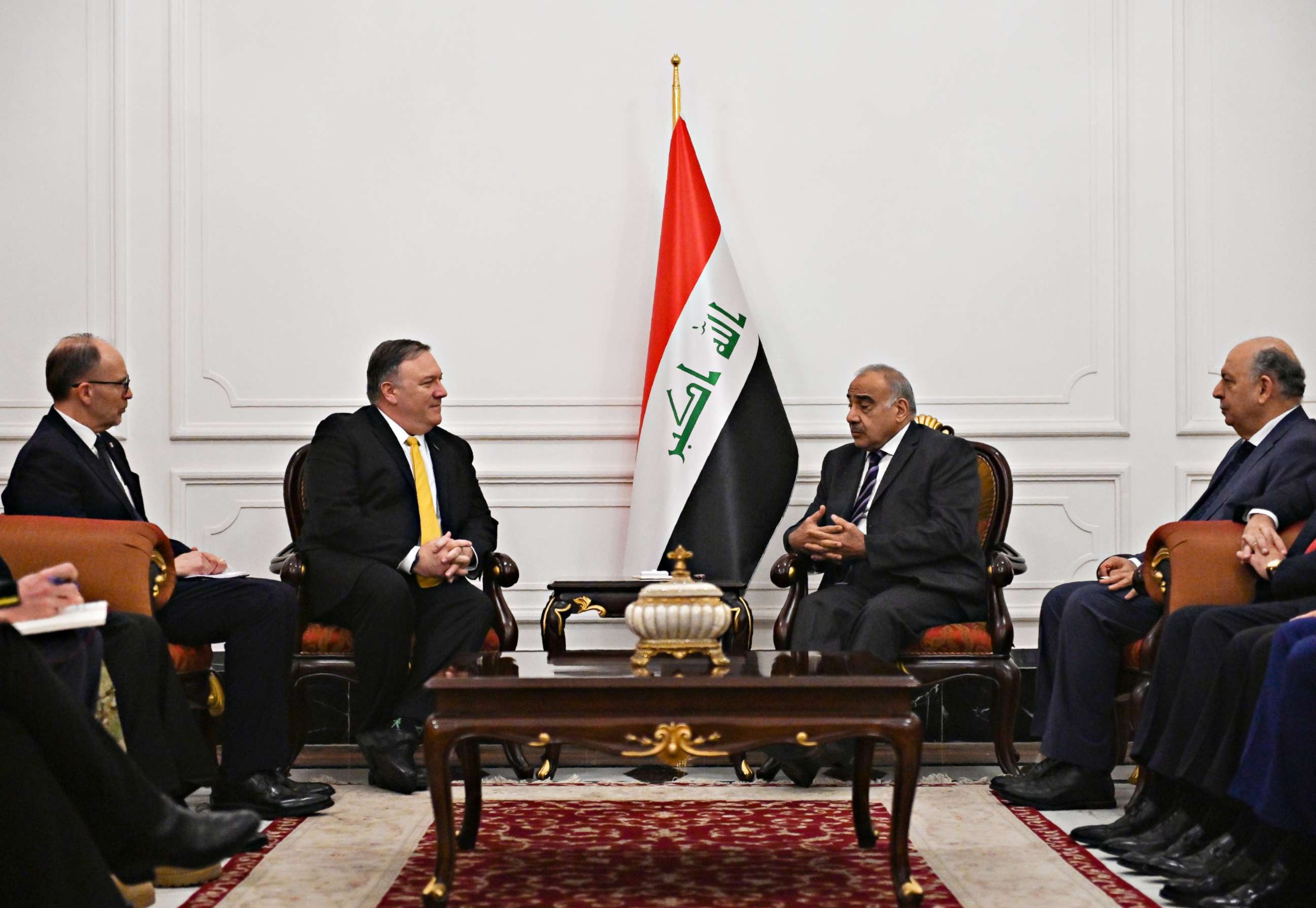 PHOTO: Secretary of State Mike Pompeo, left, speaks with Iraqi Prime Minister Adil Abdul-Mahdi in Baghdad on Jan. 9, 2019.