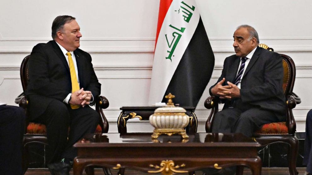 PHOTO: Secretary of State Mike Pompeo, left, speaks with Iraqi Prime Minister Adil Abdul-Mahdi in Baghdad on Jan. 9, 2019.
