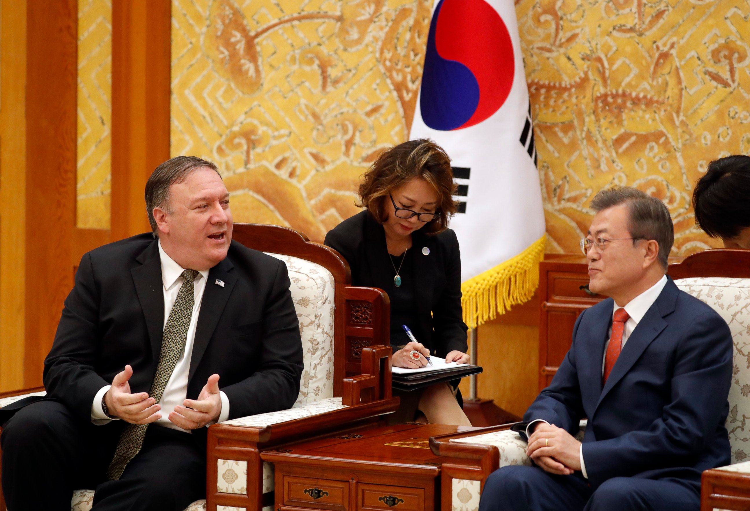 PHOTO: U.S. Secretary of State Mike Pompeo talks with South Korean President Moon Jae-in during their meeting at the presidential Blue House in Seoul, South Korea, Sunday, Oct. 7, 2018. 