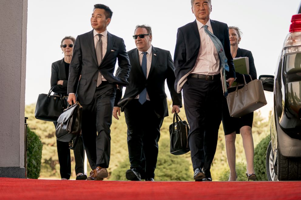 PHOTO: From left, Lisa Kenna, Alex Wong, Mike Pompeo, Sung Kim, and Allison Hooker in Pyongyang, North Korea, July 6, 2018.