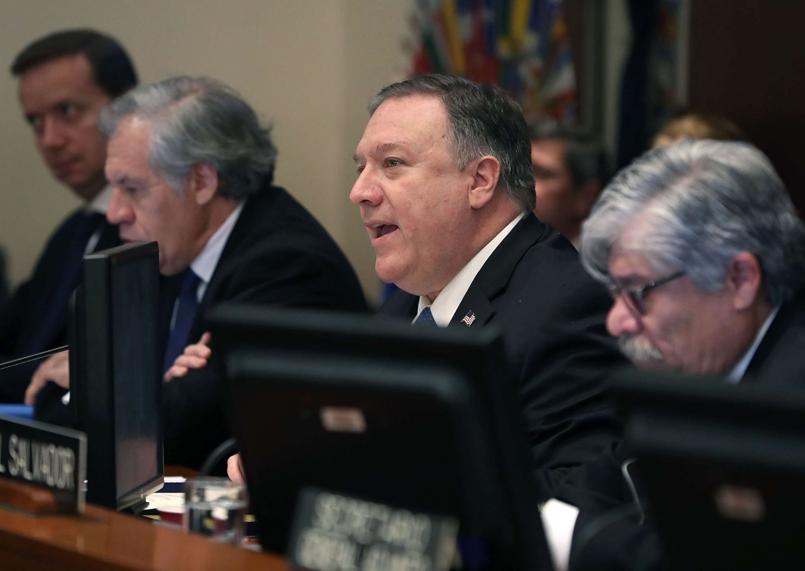 PHOTO: Secretary of State Mike Pompeo, center, speaks during a meeting of the Permanent Council of the Organization of American States (OAS), Jan. 24, 2019 in Washington, D.C.