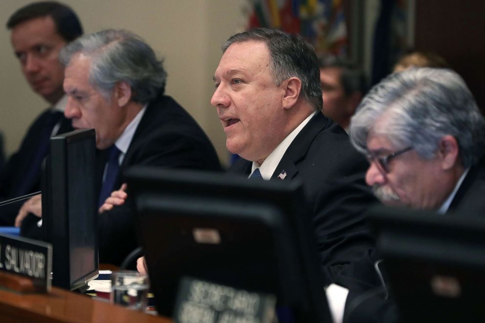 PHOTO: Secretary of State Mike Pompeo, center, speaks during a meeting of the Permanent Council of the Organization of American States (OAS), Jan. 24, 2019 in Washington, D.C.