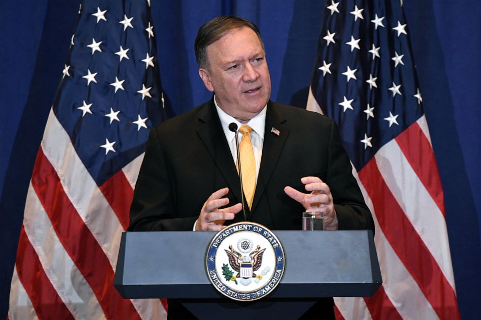 PHOTO: Secretary of State Mike Pompeo speaks during a press conference at the Palace Hotel on the sidelines of the 74th session of the United Nations General Assembly in New York, Sept. 26, 2019. 