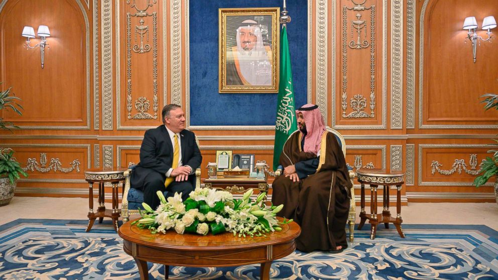 PHOTO: Secretary of State Mike Pompeo meets with Saudi Crown Price Mohammed bin Salman, right, at the Royal Court in Riyadh, Saudi Arabia, Jan. 14, 2019.