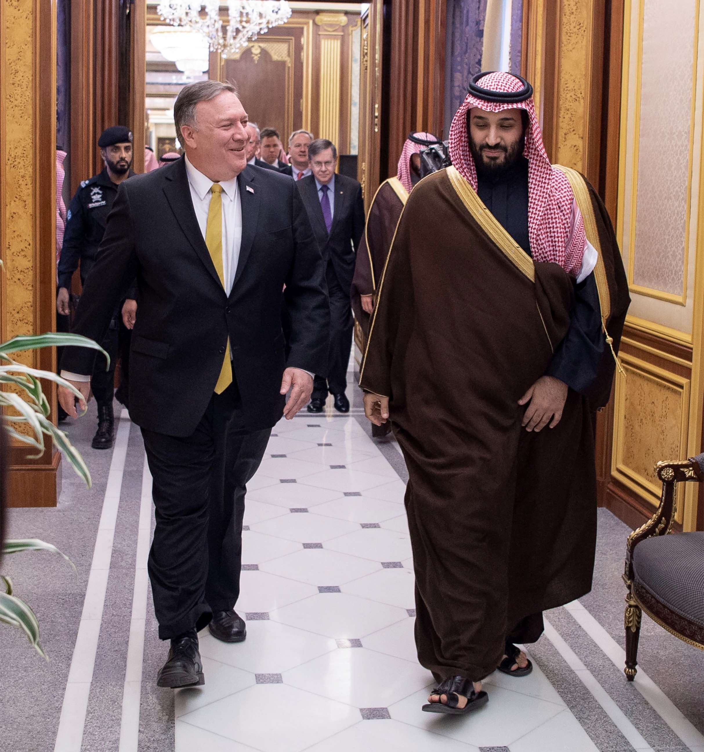 PHOTO: Secretary of State Mike Pompeo walks with Saudi Crown Prince Mohammed Bin Salman during their meeting in Riyadh, Saudi Arabia, Jan. 14, 2019.