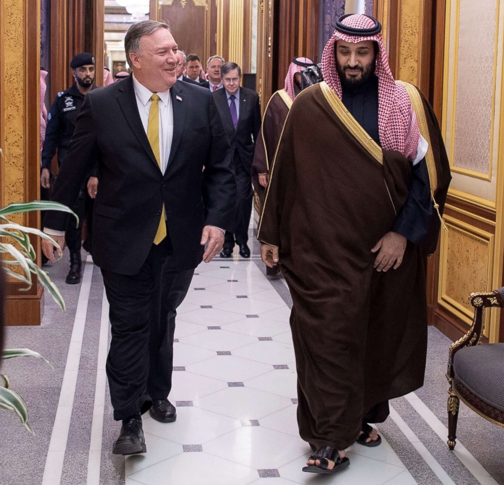 PHOTO: Secretary of State Mike Pompeo walks with Saudi Crown Prince Mohammed Bin Salman during their meeting in Riyadh, Saudi Arabia, Jan. 14, 2019.