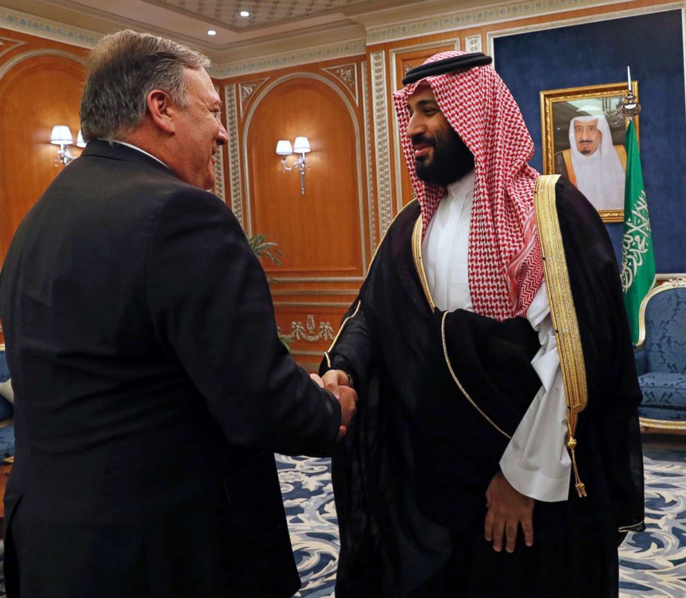 PHOTO: Secretary of State Mike Pompeo shakes hands with the Saudi Crown Prince Mohammed bin Salman in Riyadh, Saudi Arabia, Oct. 16, 2018.