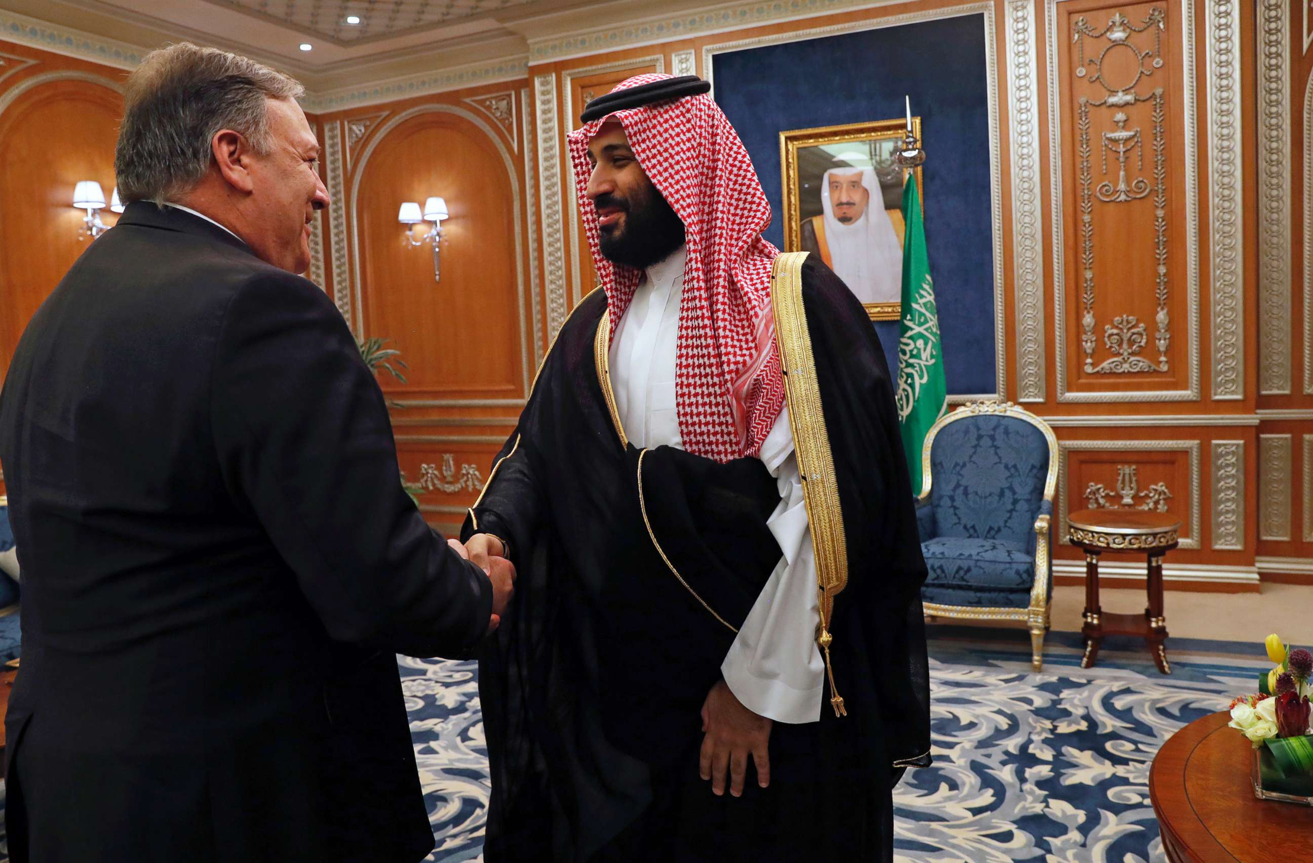 PHOTO: Secretary of State Mike Pompeo shakes hands with the Saudi Crown Prince Mohammed bin Salman in Riyadh, Saudi Arabia, Oct. 16, 2018.