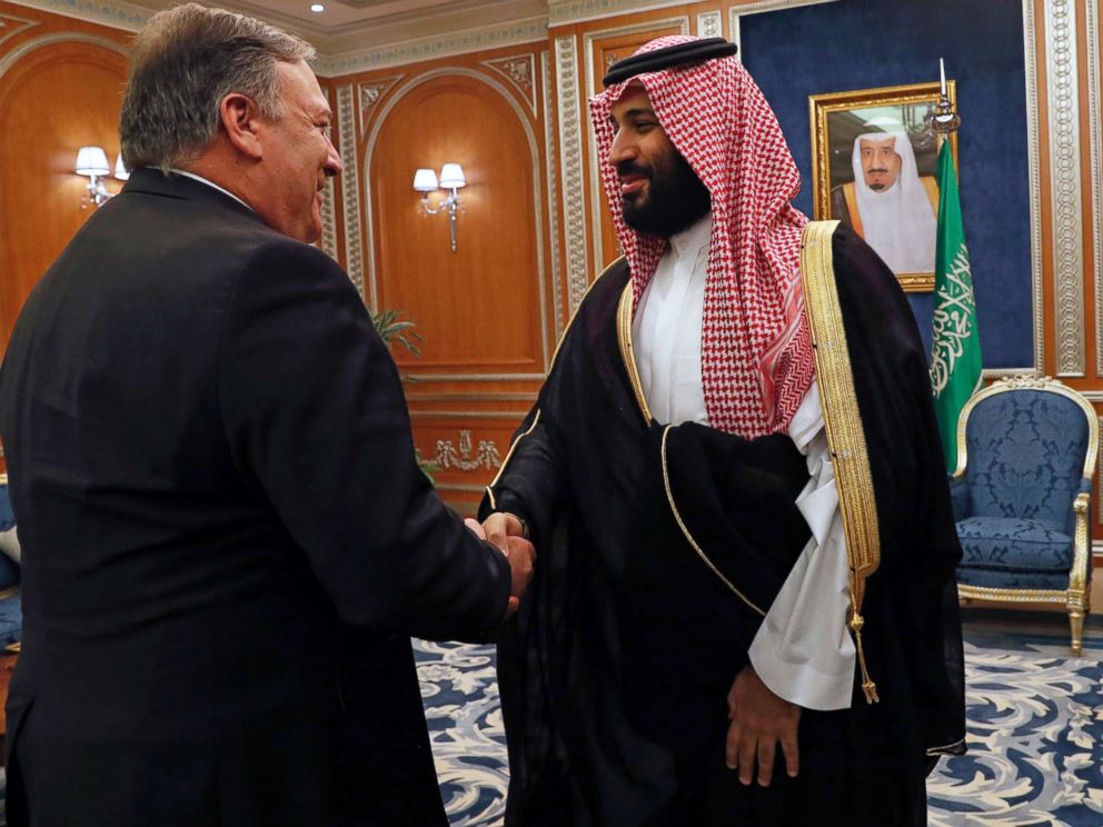 PHOTO: Secretary of State Mike Pompeo shakes hands with Saudi Crown Prince Mohammed bin Salman in Riyadh, Saudi Arabia, on October 16, 2018.