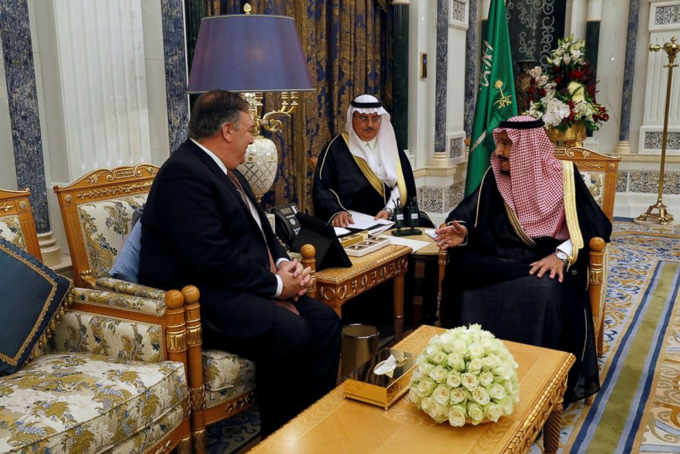 PHOTO: Saudi Arabia's King Salman bin Abdulaziz Al Saud meets with Secretary of State Mike Pompeo in Riyadh, Saudi Arabia, Oct. 16, 2018.