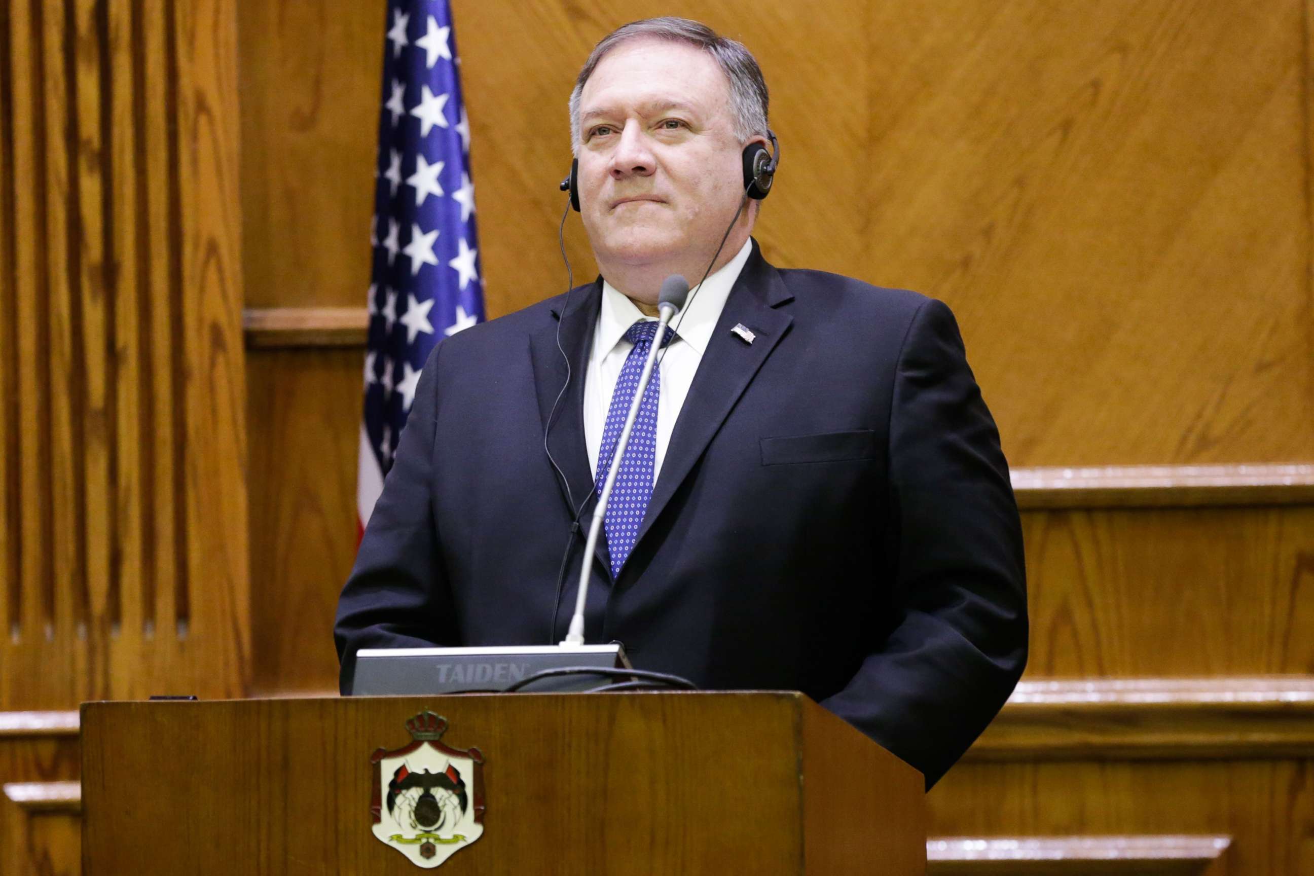 PHOTO: Secretary of State Mike Pompeo during a joint press conference with Minister of Foreign Affairs and Expatriates Ayman Safadi, at the Foreign Ministry, in Amman, Jordan, Jan. 
8, 2019.