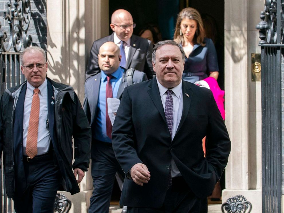 PHOTO: Secretary of state Mike Pompeo leaves Downing Street in London, May 8, 2019.