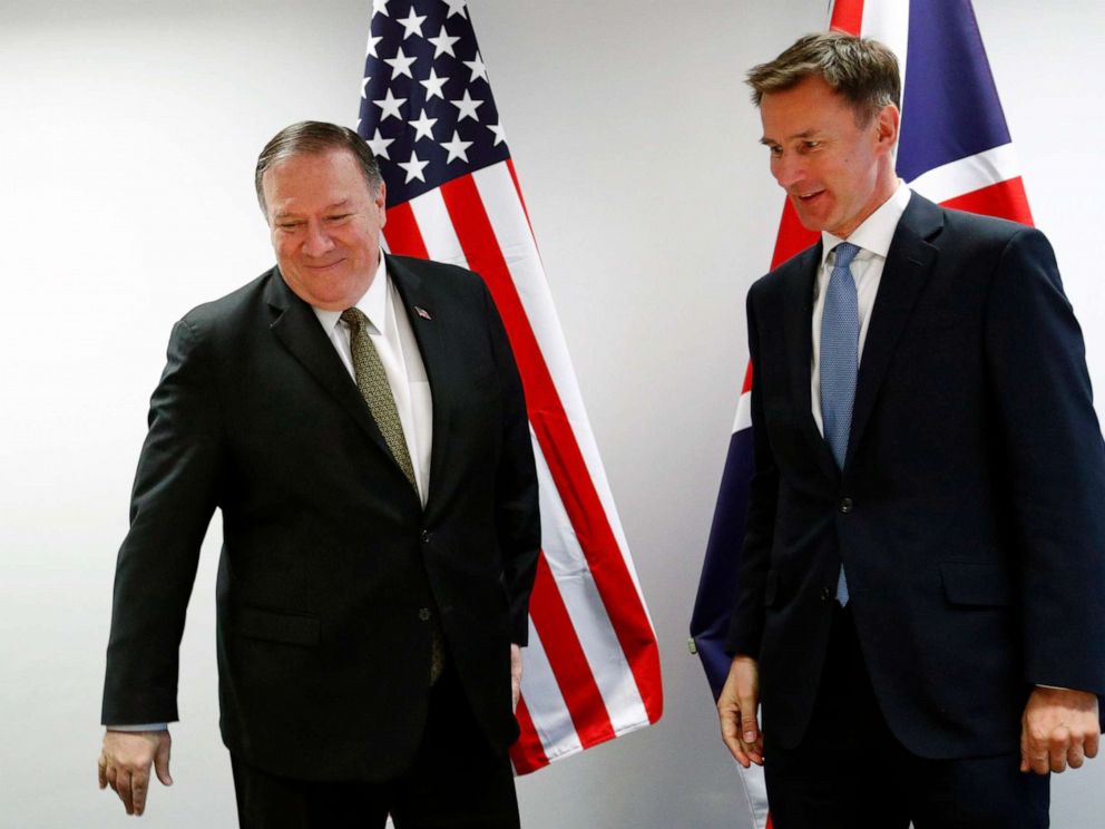 PHOTO: Secretary of State Mike Pompeo poses with Britains Foreign Secretary Jeremy Hunt at the European Council in Brussels, May 13, 2019.