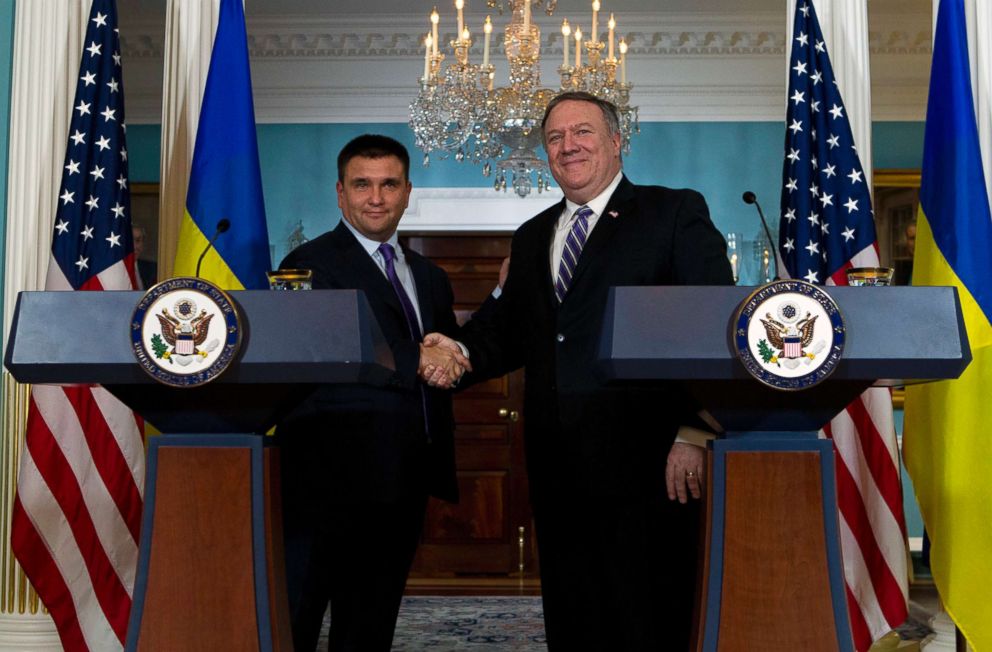 PHOTO: Secretary of State Mike Pompeo shake hands with Ukrainian Foreign Minister Pavlo Klimkin after speaking to the media at the Department of State, Nov. 16, 2018, in Washington D.C. 