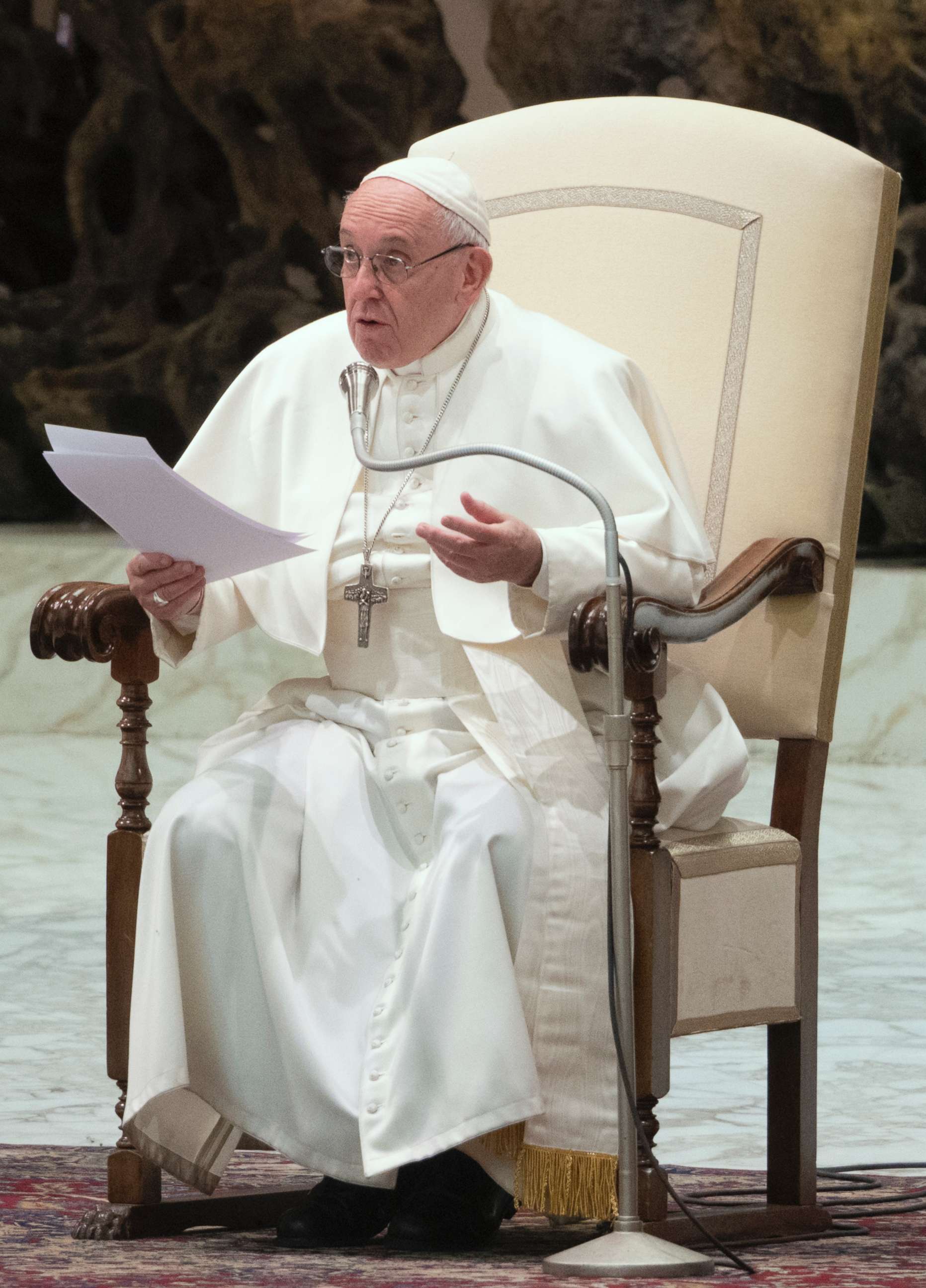 PHOTO: Pope Francis delivers his speech during his weekly general audience, in the Pope Paul VI hall at the Vatican, Feb. 13, 2019.