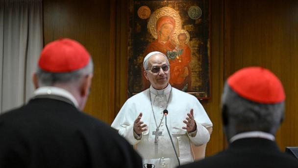 Pope Leo XIV meets the College of Cardinals in the New Synod Hall at the Vatican, on May 10, 2025. 