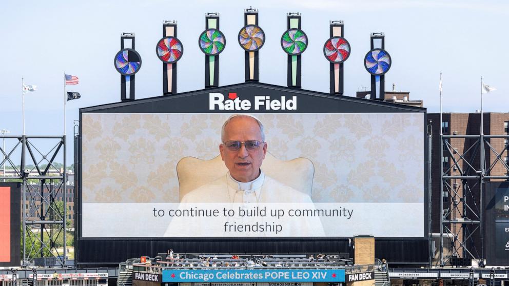 PHOTO: Pope Leo XIV delivers a video message during a public celebration hosted by the Chicago White Sox and the Archdiocese of Chicago for the election of Pope Leo XIV, featuring a mass at Rate Field in Chicago, June 14, 2025. 