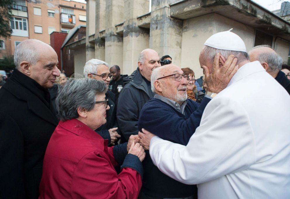 PHOTO: Pope Francis made a surprise visi to a residence for the elderly as part of his charity activities for his Holy Year of Mercy, in Rome on Jan. 15, 2016.