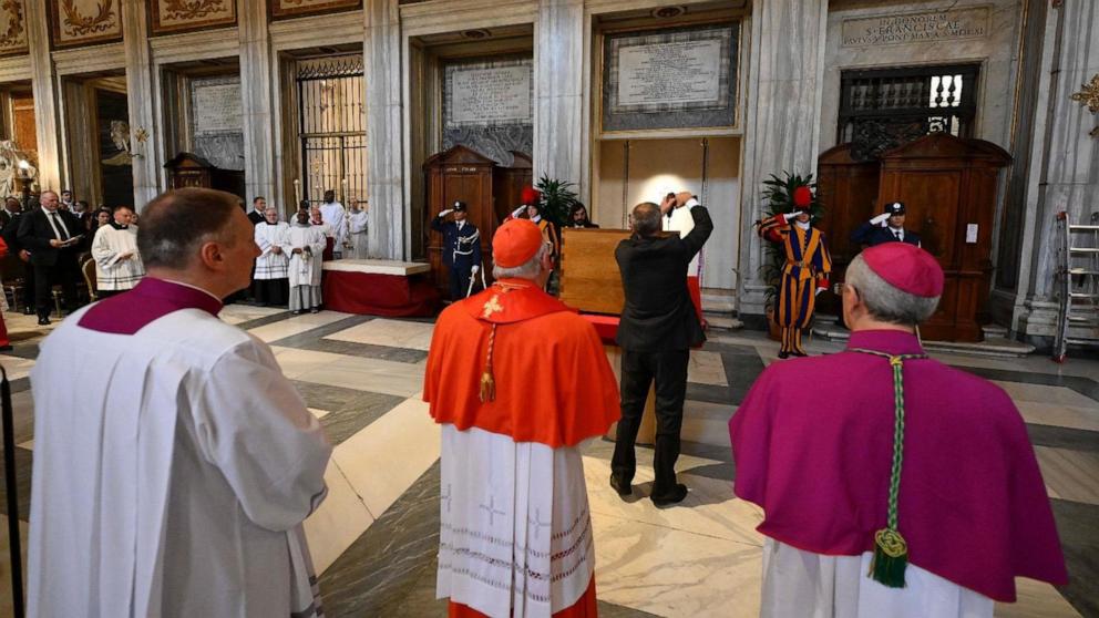 PHOTO: Cardinal Kevin Joseph Farrell, Camerlengo of the Holy Roman Church, presiding over the entombment of the late Pope Francis in the Basilica of Santa Maria Maggiore in Rome, April 26, 2025.