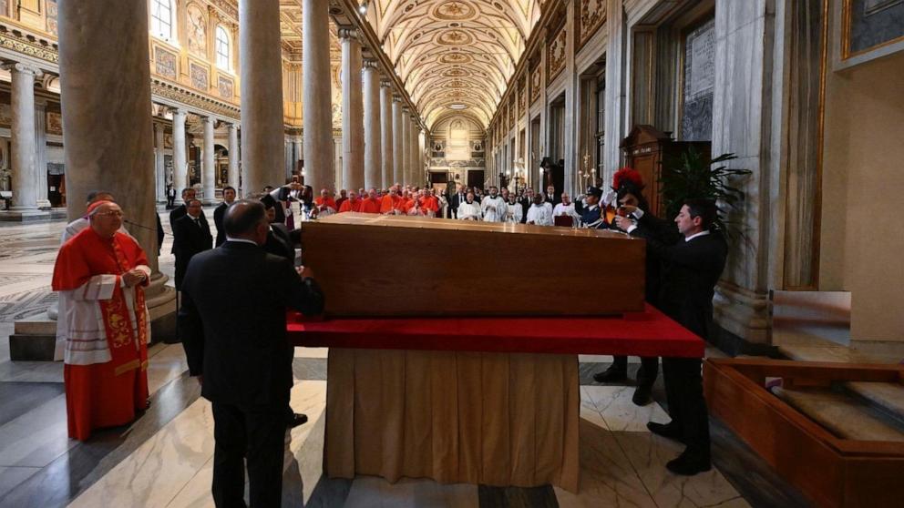 PHOTO: Cardinal Kevin Joseph Farrell, Camerlengo of the Holy Roman Church, presides over the entombment of the late Pope Francis in the Basilica of Santa Maria Maggiore in Rome, April 26, 2025.