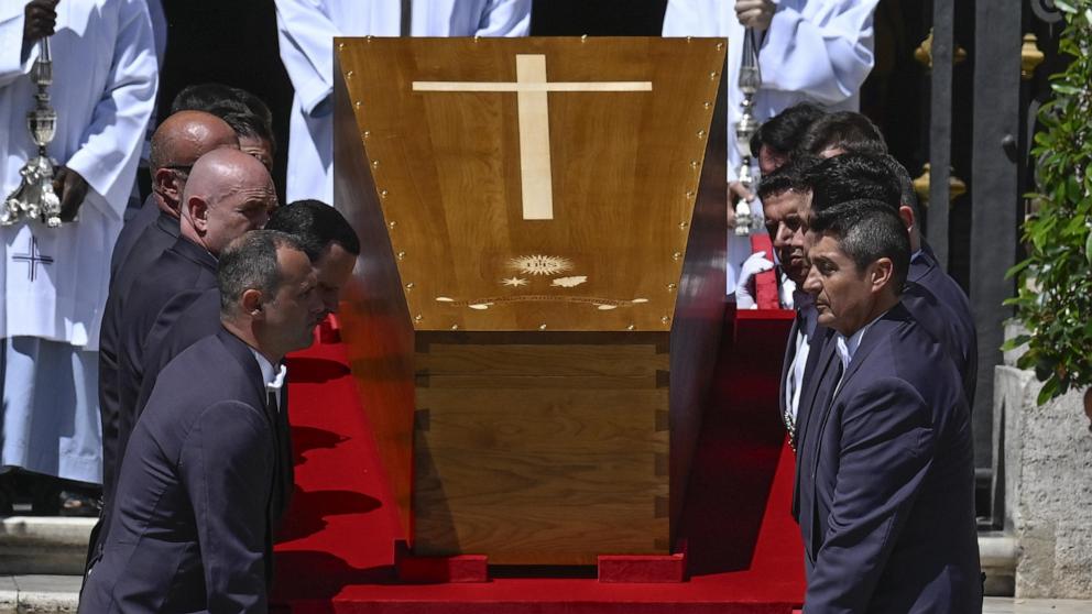 PHOTO: The coffin of Pope Francis is carried up the steps of the Basilica of Santa Maria Maggiore after the pontiff's funeral ceremony in St. Peter's Square, in Rome, April 26, 2025.