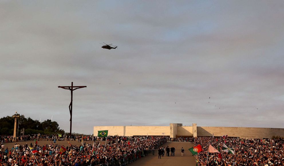 PHOTO: An helicopter carrying Pope Francis is seen at the Sanctuary of Our Lady of the Rosary of Fatima on the occasion of the XXXVII World Youth Day, in Fatima, Portugal, August 5, 2023.