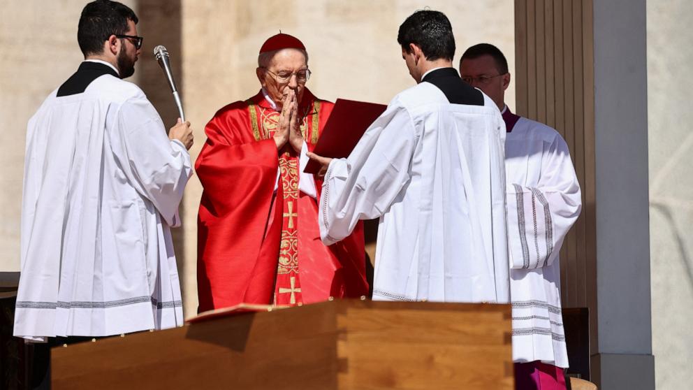 PHOTO: Cardinal Giovanni Battista Re leads the funeral Mass of Pope Francis in St. Peter's Square at the Vatican, April 26, 2025.