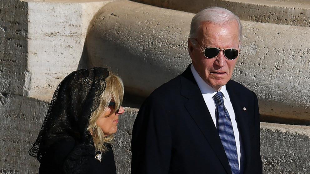 PHOTO: Former President Joe Biden and his wife Jill Biden arrive for the funeral Mass of Pope Francis, at the Vatican, April 26, 2025.