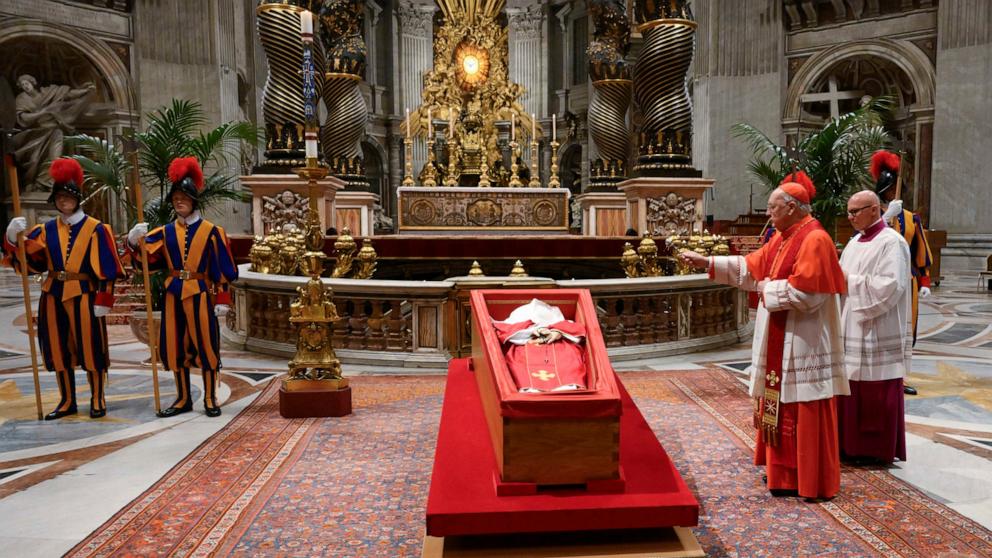 PHOTO: The body of Pope Francis lies in a casket before it's sealed, at St. Peter's Basilica, ahead of his funeral at the Vatican, April 25, 2025.   