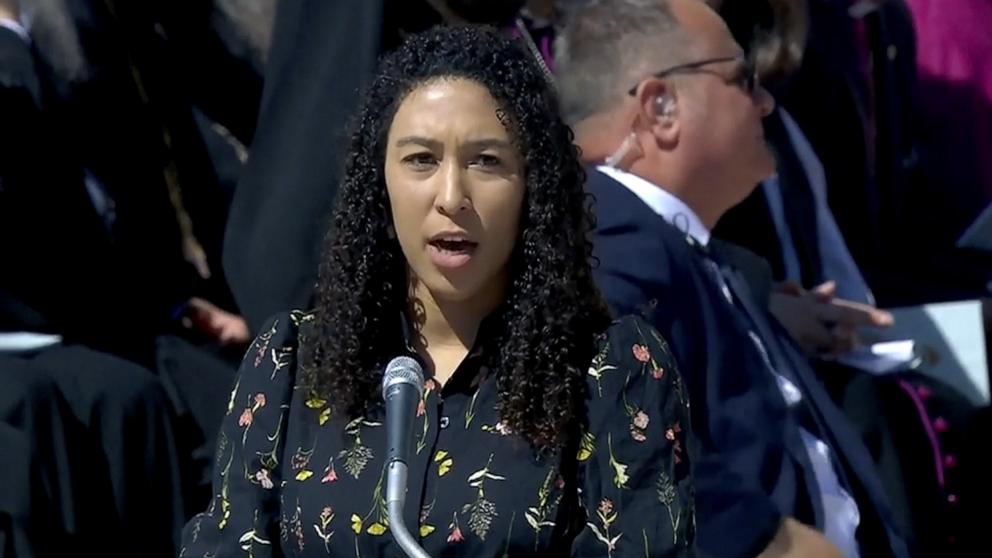PHOTO: American Kielce Gussie, who works as a journalist at Vatican News, did the first reading in English during the funeral of Pope Francis, at the Vatican, April 26, 2025.
