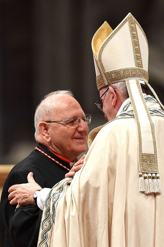 PHOTO: Iraqi Louis Raphael I Sako patriarch of Babylon of the Chaldeans his greeted by Pope Francis before his pledge of allegiance to become a cardinal during a consistory for the creation of fourteen new cardinals on June 28, 2018.