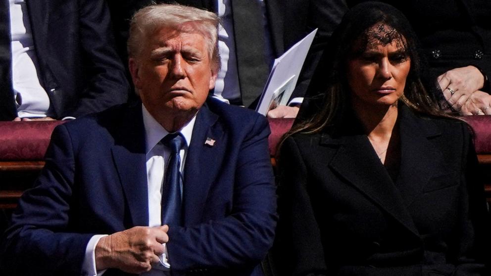 PHOTO: President Donald Trump, first lady Melania Trump,attend the funeral Mass of Pope Francis in St. Peter's Square at the Vatican, April 26, 2025.