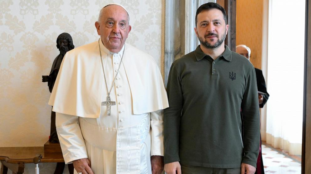 PHOTO: Pope Francis meets with Ukrainian President Volodymyr Zelenskyy during an audience at the Apostolic Palace  on Oct. 11, 2024 in Vatican City, Vatican.