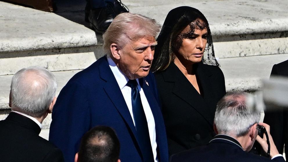 PHOTO: President Donald Trump and US First Lady Melania Trump arrive ahead of the late Pope Francis' funeral ceremony at St Peter's Square at The Vatican, April 26, 2025. 