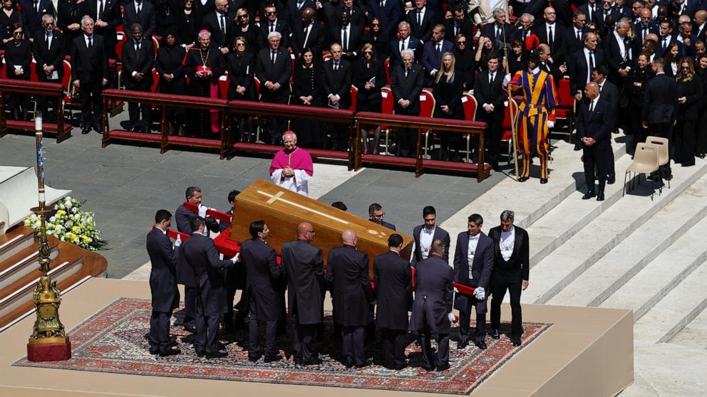PHOTO: The coffin of Pope Francis is carried at the end of the funeral Mass of Pope Francis in St. Peter's Square at the Vatican, April 26, 2025.