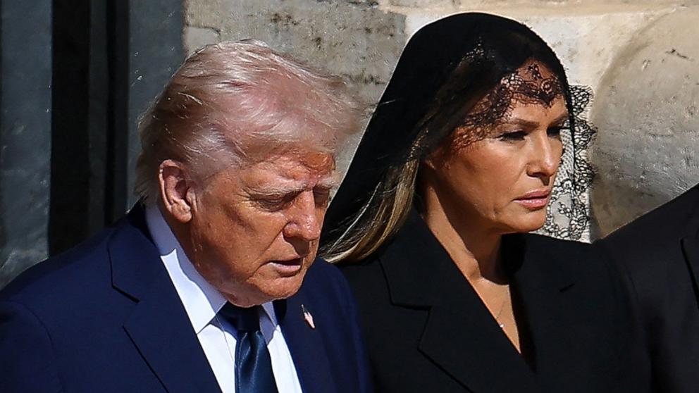 PHOTO: President Donald Trump and first lady Melania Trump attend the funeral Mass of Pope Francis, at the Vatican, April 26, 2025.