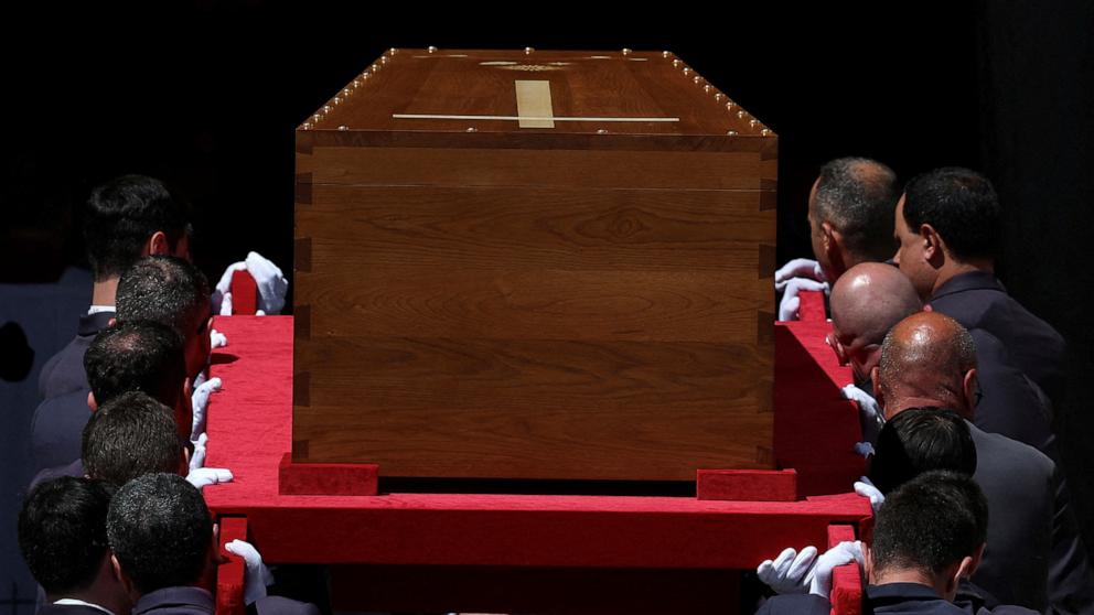 PHOTO: Pallbearers carry the coffin of Pope Francis, at the Papal Basilica of Saint Mary Major during his funeral, in Rome, Italy, April 26, 2025.