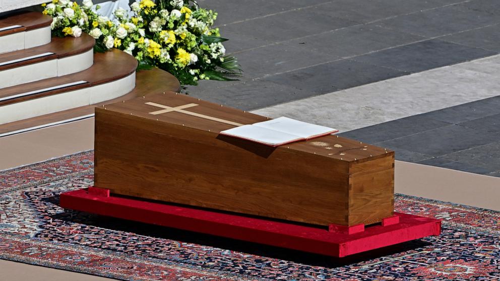 PHOTO: The book of the gospels lays on the coffin of late Pope Francis during the funeral ceremony at St Peter's Square in the Vatican, April 26, 2025.