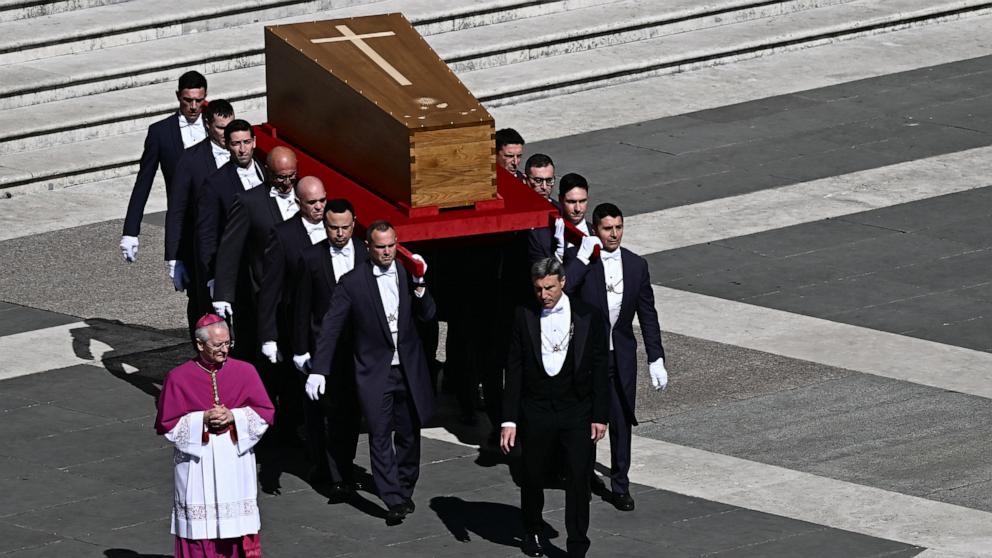 PHOTO: Pallbearers carry the coffin of late Pope Francis during the funeral ceremony in St Peter's Square, at the Vatican, April 26, 2025.