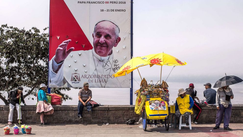 Banners welcoming Pope Francis to Peru are seen in Lima, Jan. 13, 2018.
