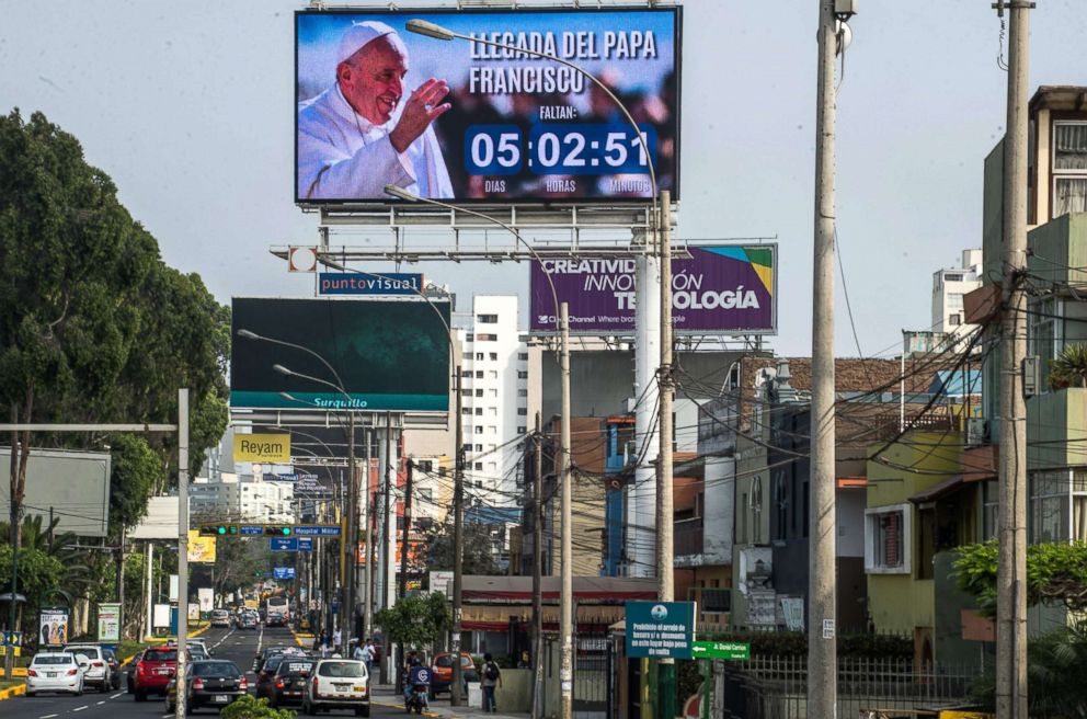 PHOTO: Banners welcoming Pope Francis to Peru are seen in Lima, Jan. 13, 2018.